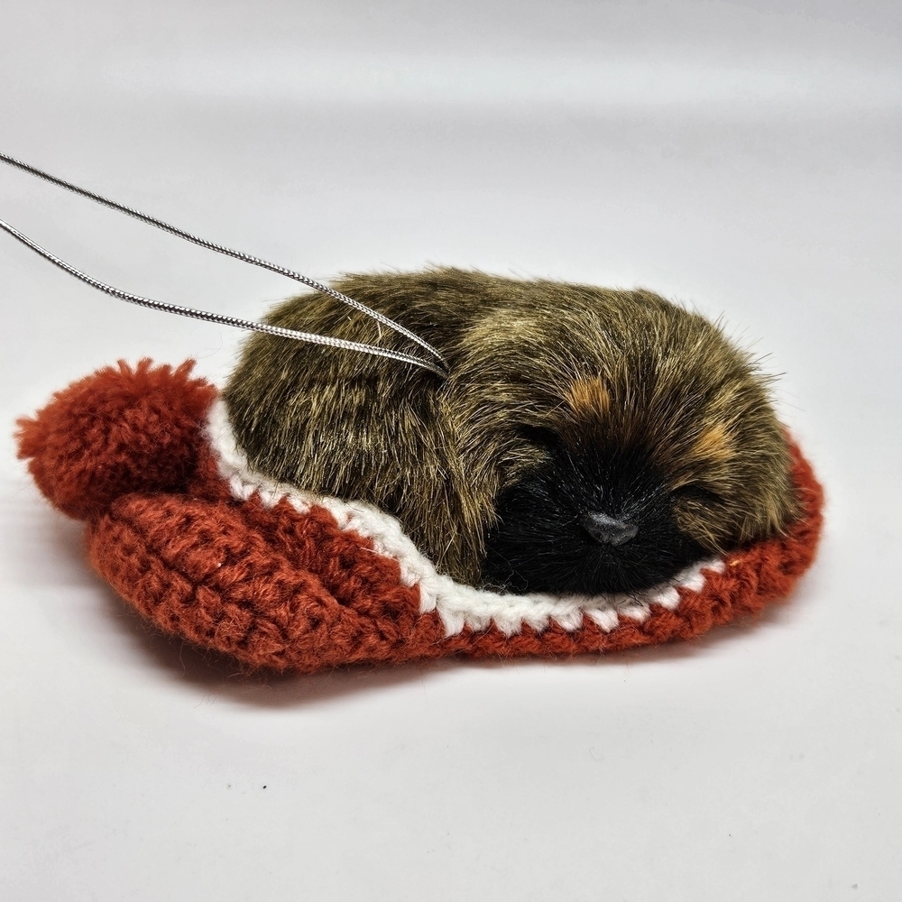 VINTAGE Brown Fur Sleeping Puppy Dog in Knit Slipper Holiday Ornament